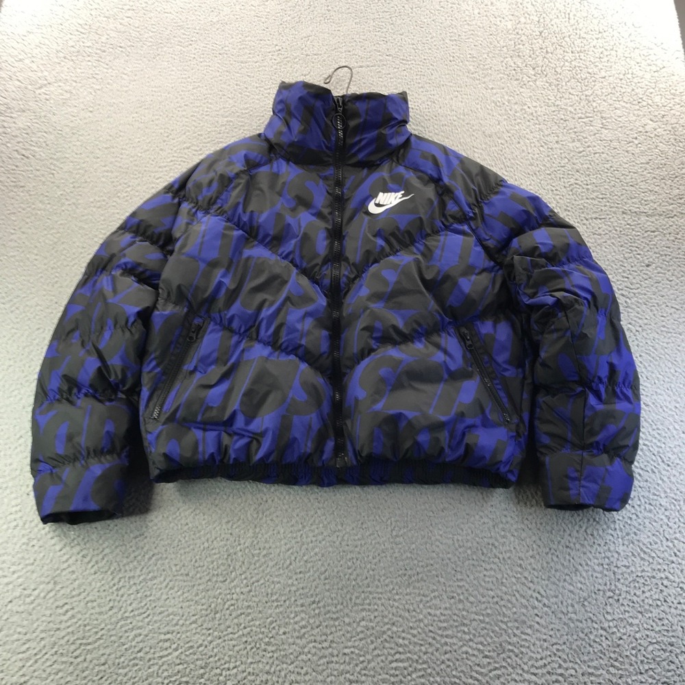 Nike Jacket Women Small Black blue Just Do It JDI AOP Crop Boxy Puffer Insulated